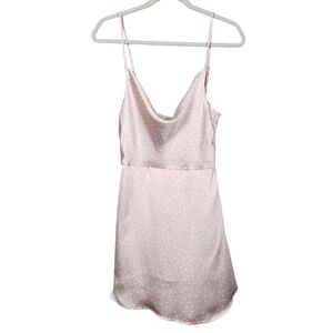 Lulu's Spot in my Heart Pink Polka Dot Satin Cowl Neck Mini Dress Women's Small